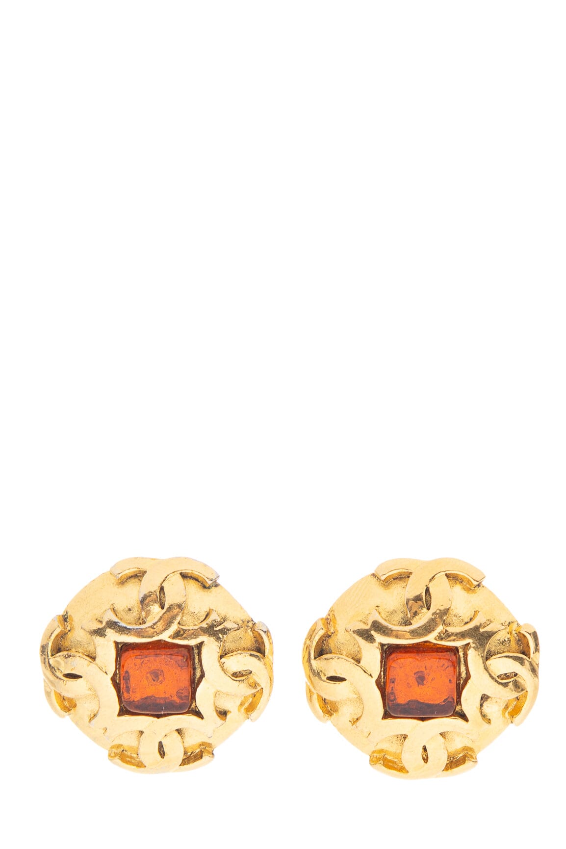 Chanel Vintage 1990s 24k Gold Plated CC Logo Amber Gripoix Clip On Earrings