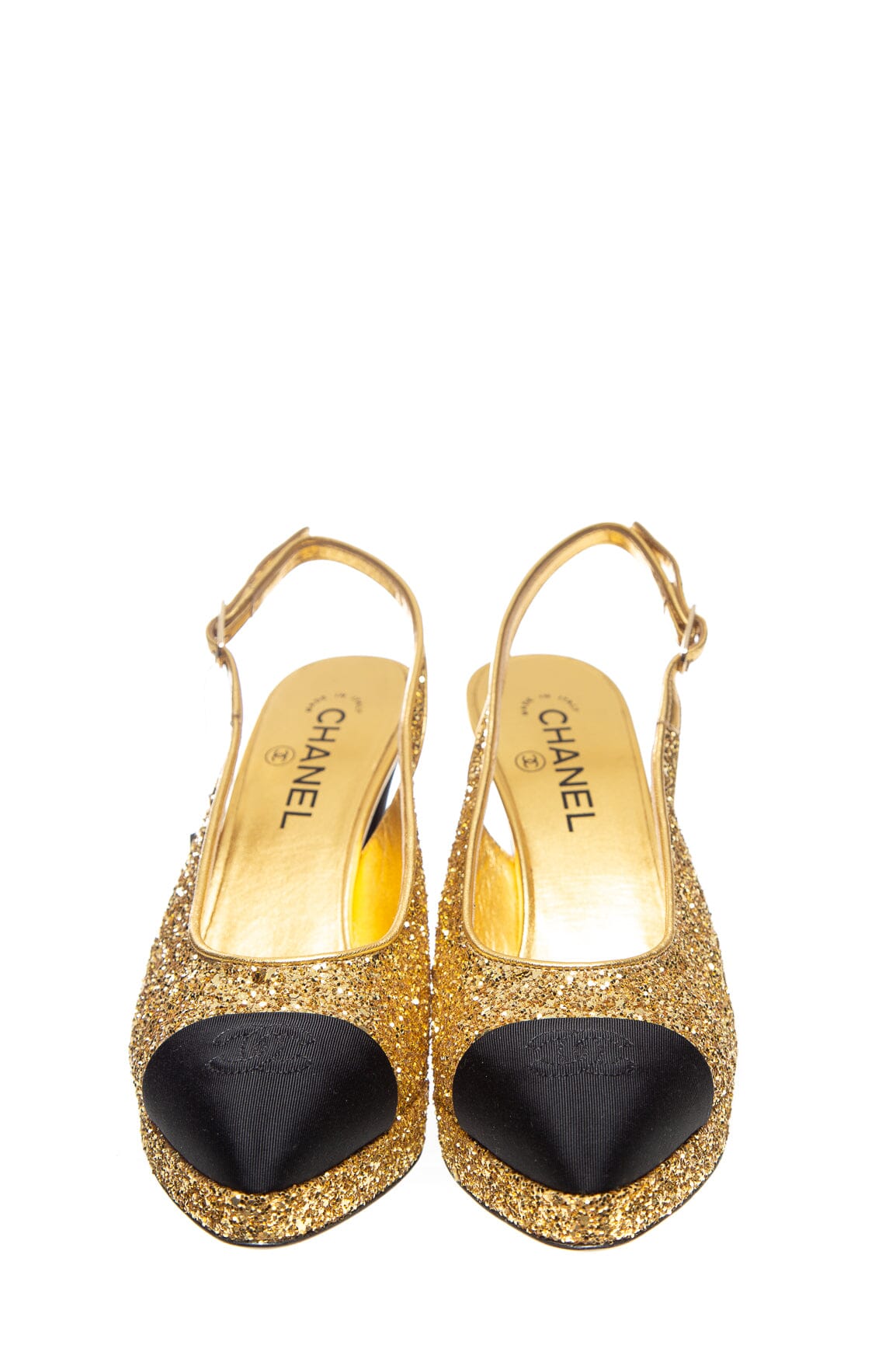Chanel Gold Glitter CC Toe Heels SZ 40.5