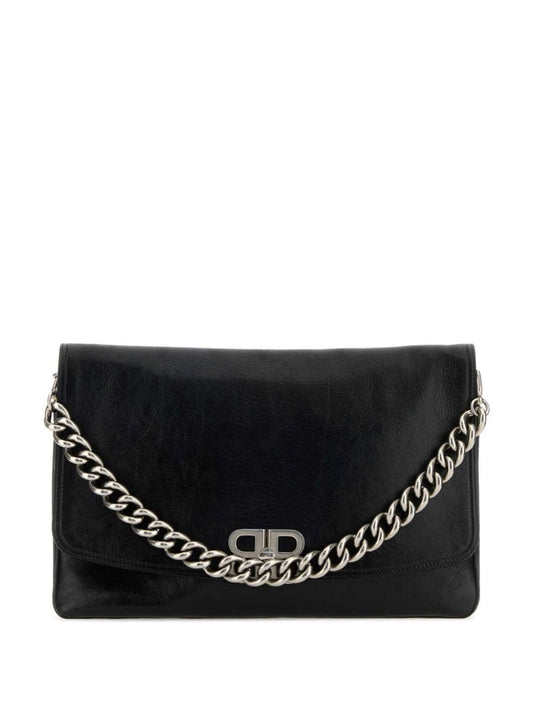 BALENCIAGA Smooth Grain Adjustable Handbag with Chain-Link Shoulder Strap