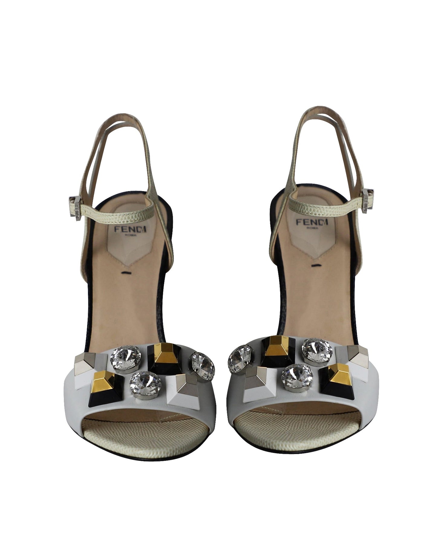 Fendi Crystal Embellished Open Toe Sandals in White Leather