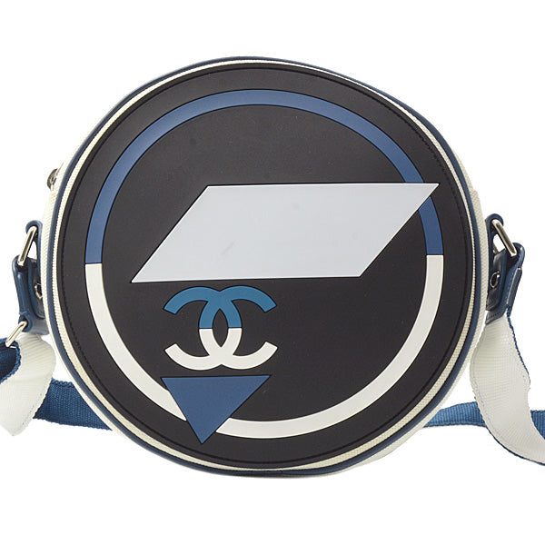 Chanel Airline Round Shoulder Bag Rubber Canvas Navy Black White