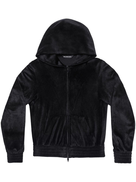 BALENCIAGA Velvet Zip-Up Hoodie with Crystal Embellishments