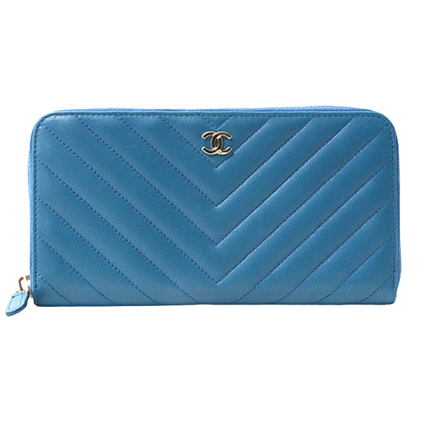 Chanel Chevron Lambskin Round Zip Wallet Blue