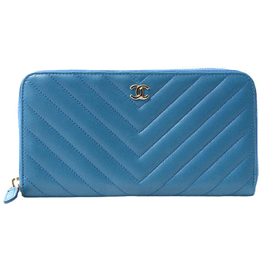 Chanel Chevron Lambskin Round Zip Wallet Blue
