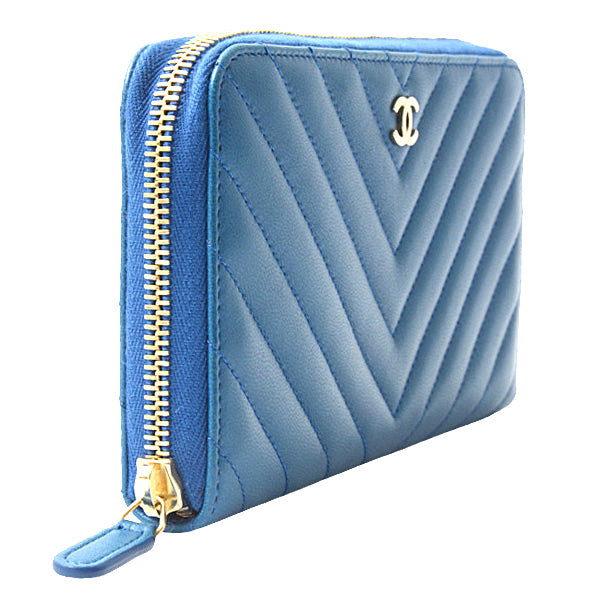 Chanel Chevron Lambskin Round Zip Wallet Blue