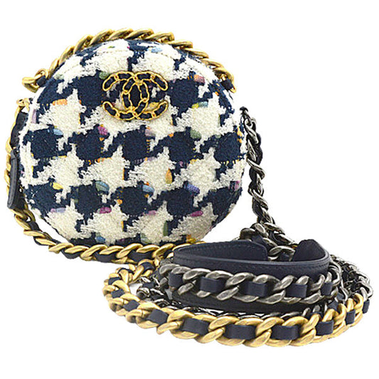 Chanel Tweed Round Chain Shoulder Bag Houndstooth White Navy