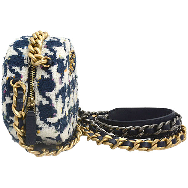 Chanel Tweed Round Chain Shoulder Bag Houndstooth White Navy
