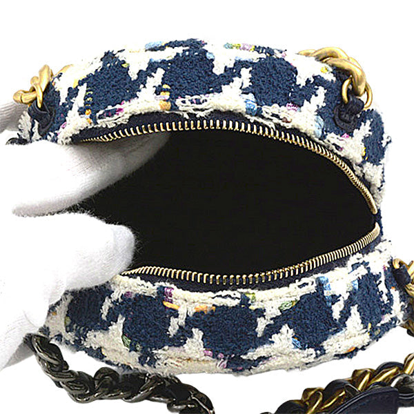 Chanel Tweed Round Chain Shoulder Bag Houndstooth White Navy