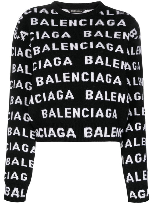 BALENCIAGA Allover Logo Wool Cropped Sweater for Women