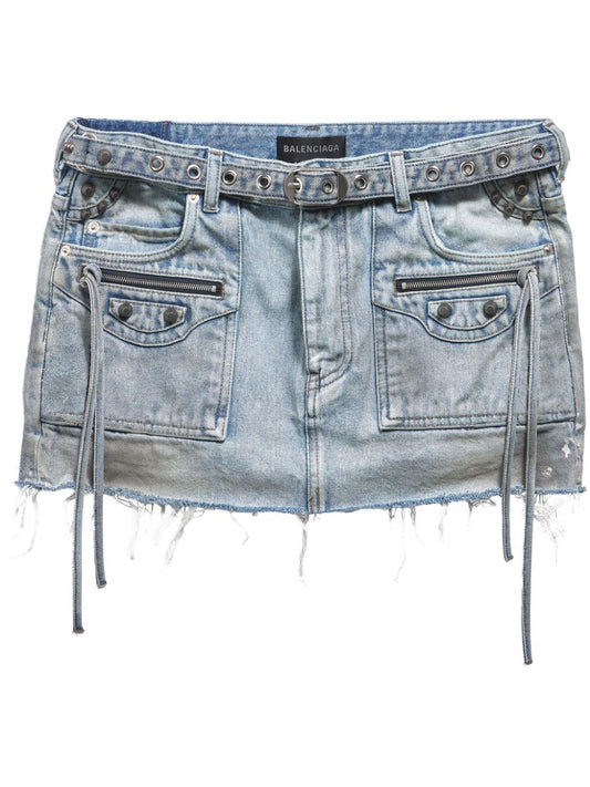 BALENCIAGA Fringe Edge Low Waist Denim Mini Skirt