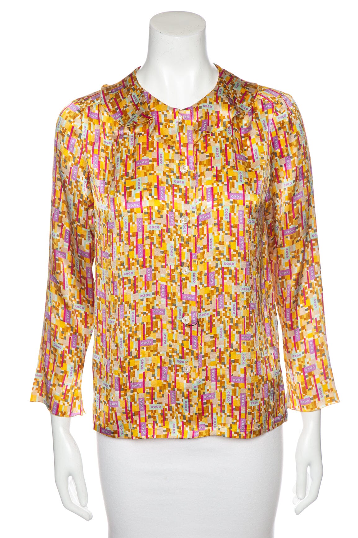 Chanel Yellow Multi "Coco"  S/S Button Up Blouse SZ 40