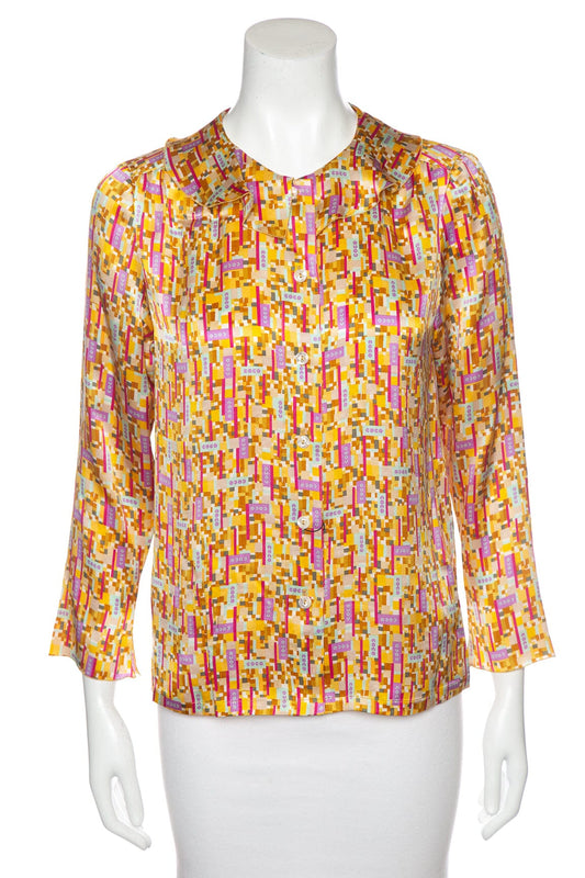Chanel Yellow Multi "Coco"  S/S Button Up Blouse SZ 40