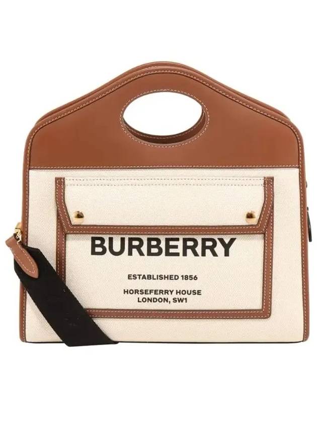 Burberry Small Two-tone Canvas Leather Pocket Tote Bag Natural Malt Brown