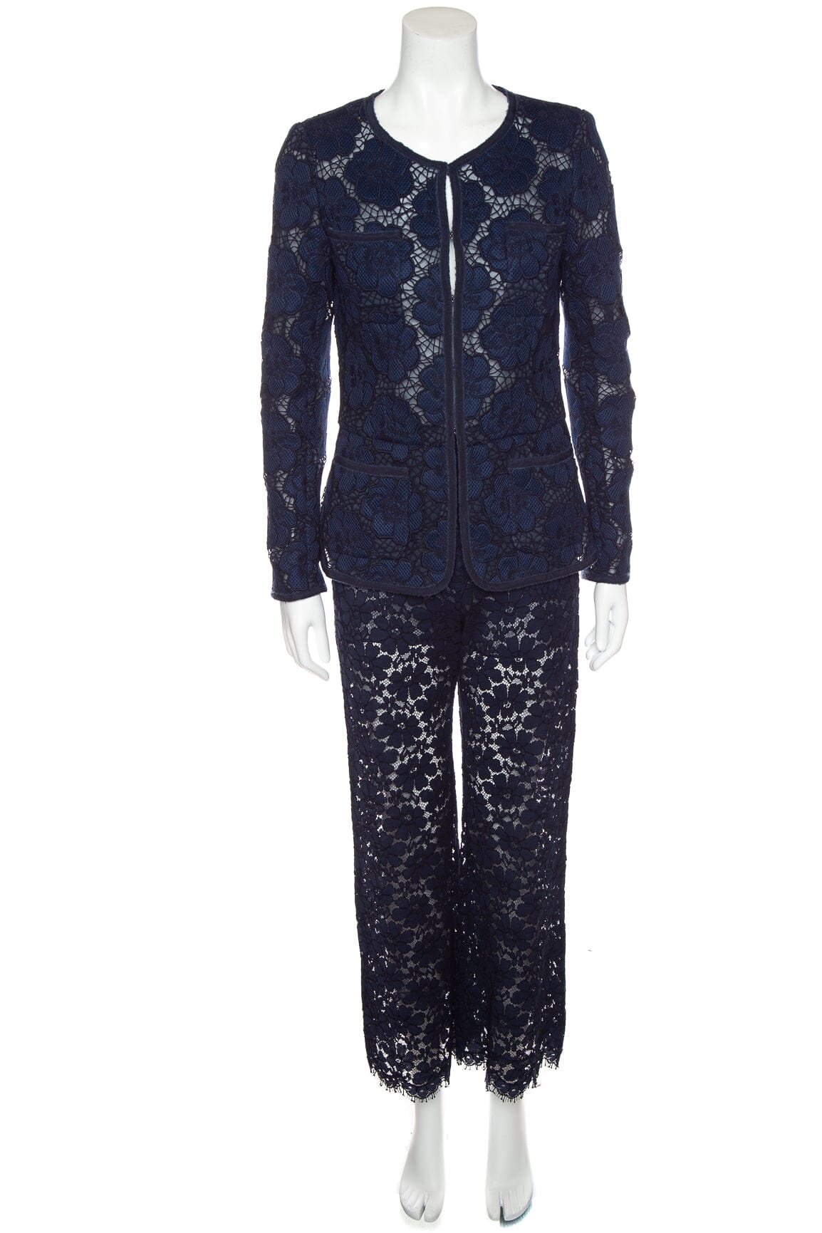 Chanel Navy Floral Lace 2 PC Evening Jacket and Pants Set SZ 34/38