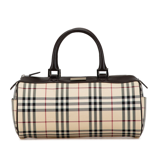 Brown Burberry House Check Canvas Barrel Handbag