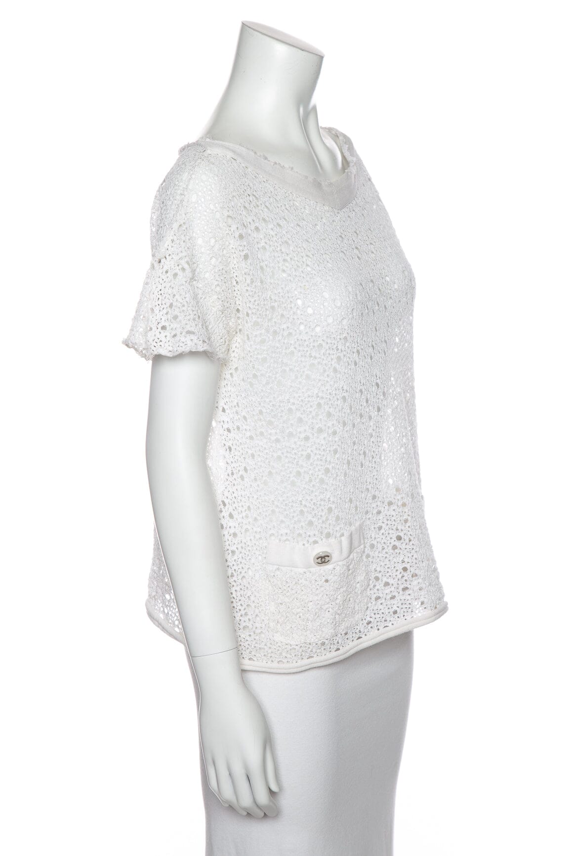 Chanel White Short Sleeve Crochet Blouse SZ M