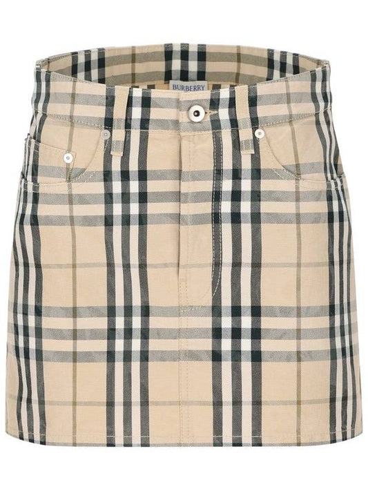 Burberry Check Denim Mini H-Line Skirt Grain