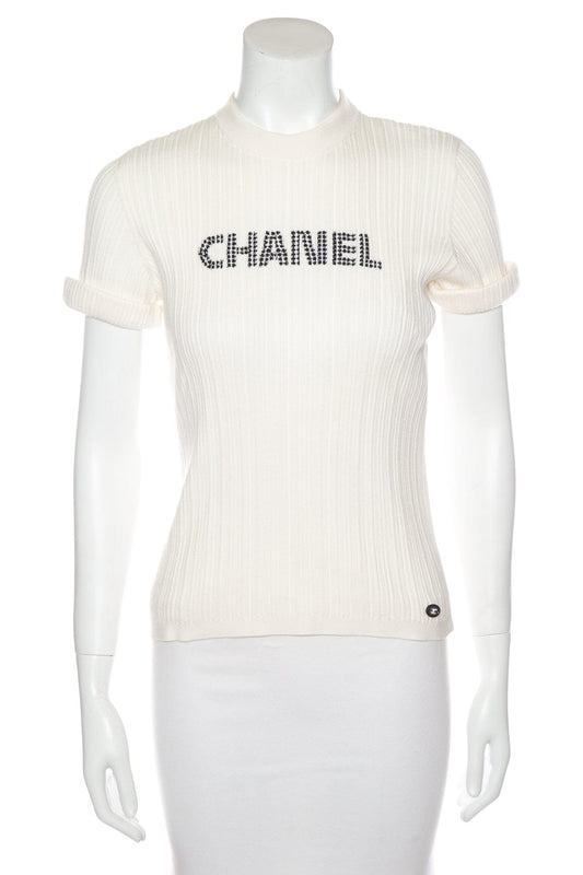 Chanel White "Chanel" Logo Short Sleeve Top SZ 40
