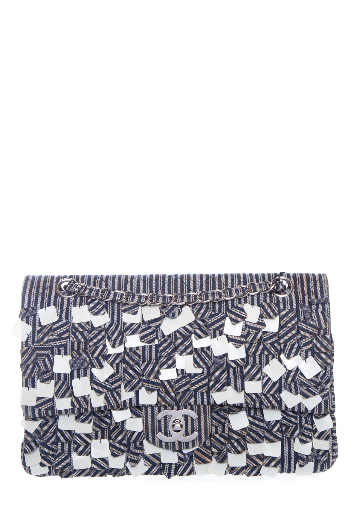 Chanel 2006/08 Navy and White Double Flap Striped Sequin Handbag