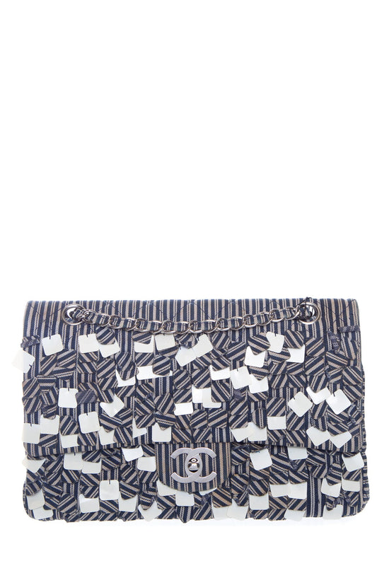 Chanel 2006/08 Navy and White Double Flap Striped Sequin Handbag