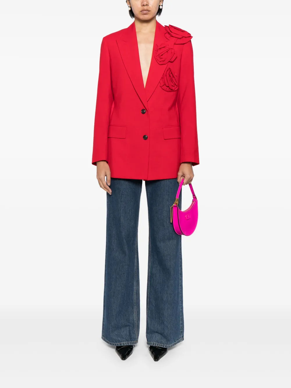 Valentino Floral Appliqué V-Neck Blazer