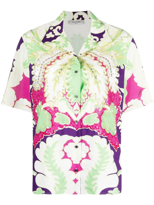 Valentino Garavani Embellished Floral-Print Shirt 36 Ametista,Blue,Radiant Orc