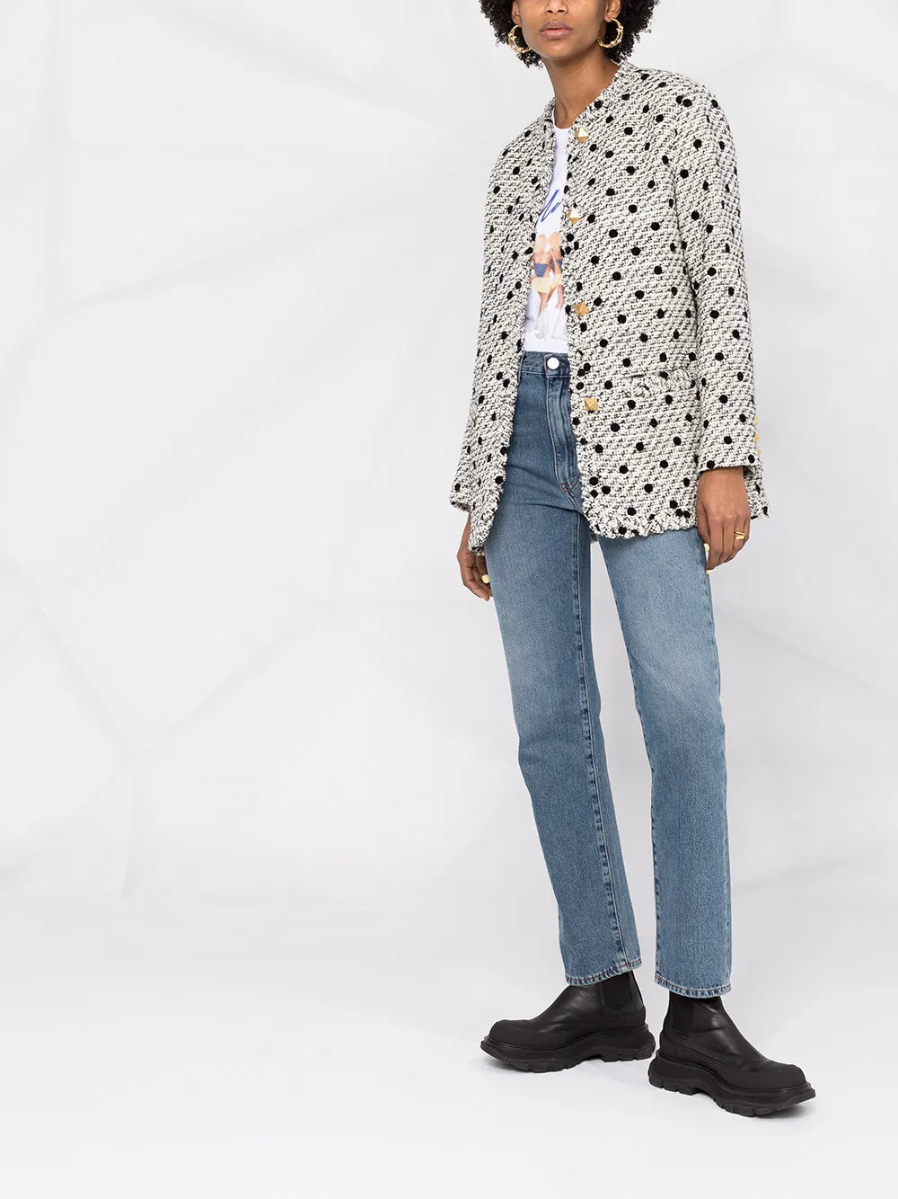 Valentino Garavani Roman Stud Polka-Dot Tweed Jacket 46" Waist Ivory,Black