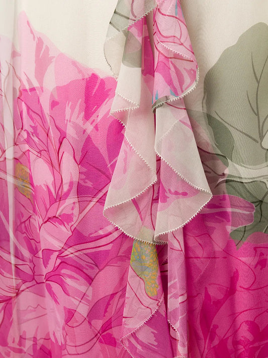 Valentino Garavani Ruffled Floral Print Gown 40 Ivory,Fuxia