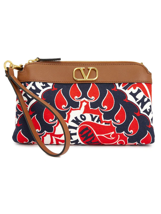 Valentino Garavani V'Logo Leather-Trimmed Canvas Pouch ONE SIZE Brown