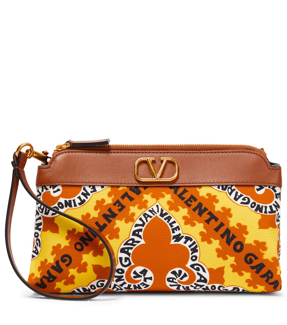 Valentino Garavani V'Logo Leather-Trimmed Canvas Pouch ONE SIZE Brown