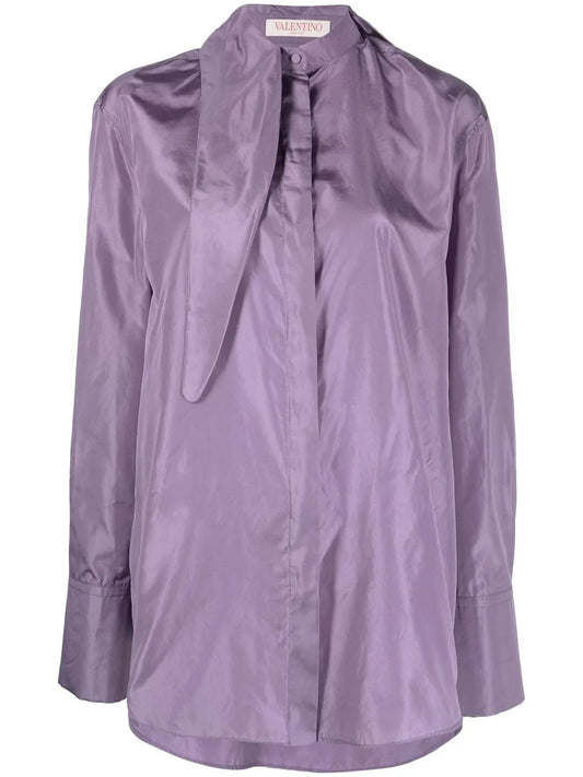 Valentino Tied-Neck Silk Shirt 40 Purple