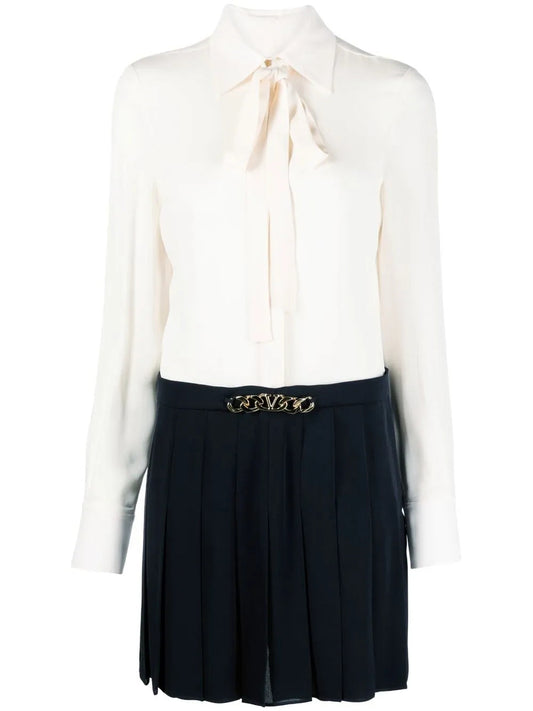 Valentino Garavani Pussy-Bow Collar Shirt Dress 46 Ivory,Navy