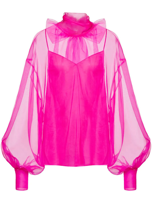 Valentino Garavani Bow-Detail Organza Silk Blouse 50 Pink