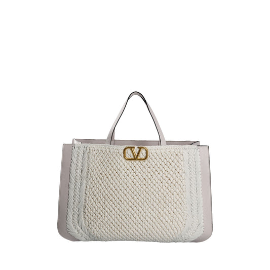 Valentino Garavani V'Logo Signature Crochet Raffia Tote Bag ONE SIZE Grey,White