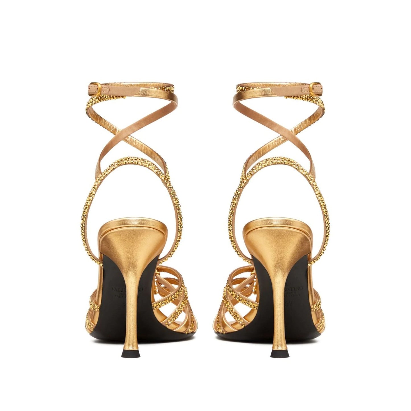 Valentino Garavani Rockstud Strappy Gold Heeled Sandals in Nappa Leather