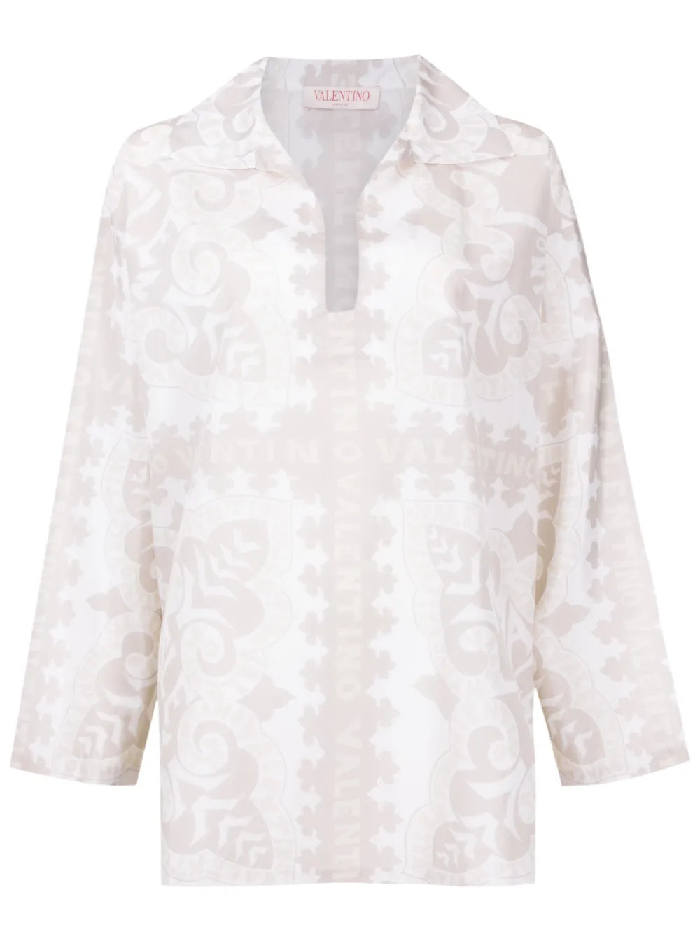 Valentino Garavani Geometric-Print Silk-Cotton Shirt 42 White,Ivory