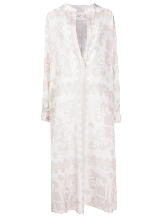 Valentino Garavani Geometric-Print Silk-Cotton Dress 44 White,Ivory
