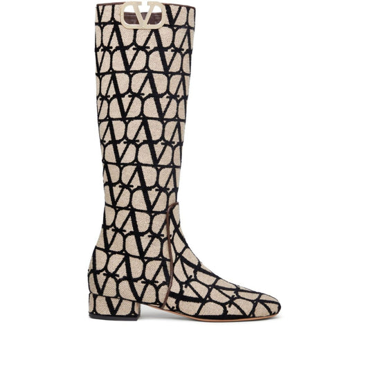 Valentino Garavani V'Logo Type Toile Iconographe Boots 39.5 Beige,Black