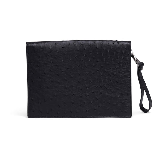 Bottega Veneta Ostrich Leather Document Case Wristlet ONE SIZE Black