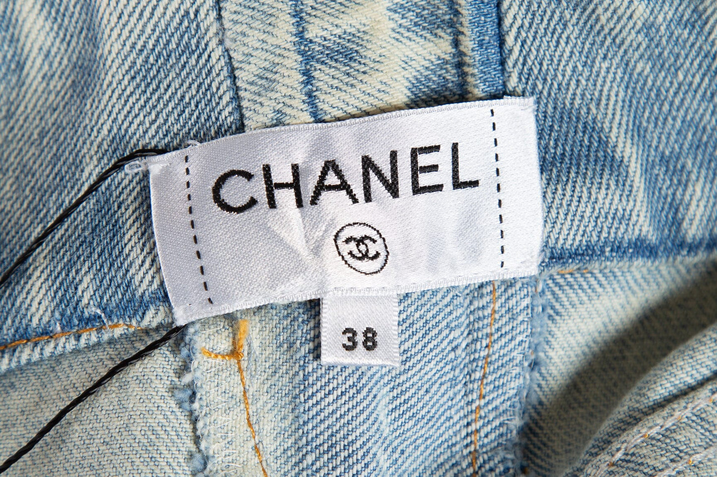 Chanel 2021 Light Wash Interlocking CC and Camellia Print Wide Leg Jeans SZ 38