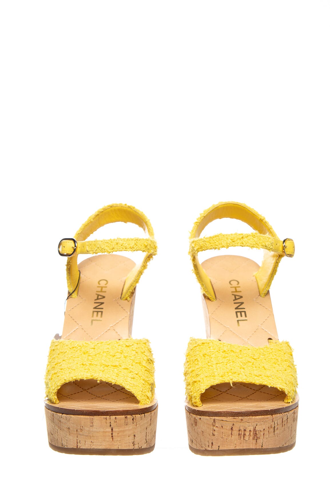 Chanel Yellow Tweed Wedge Ankle Strap Platforms SZ 39