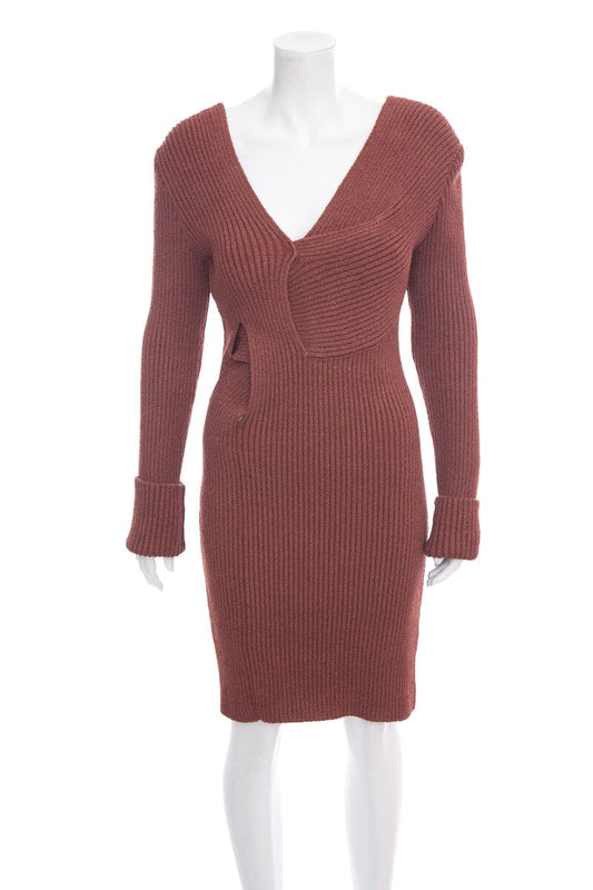 Bottega Veneta Brown Knit Long Sleeve Mini Dress SZ 40
