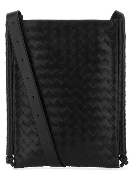 Bottega Veneta Intrecciato Flat Loop Large Leather Cross Bag Black