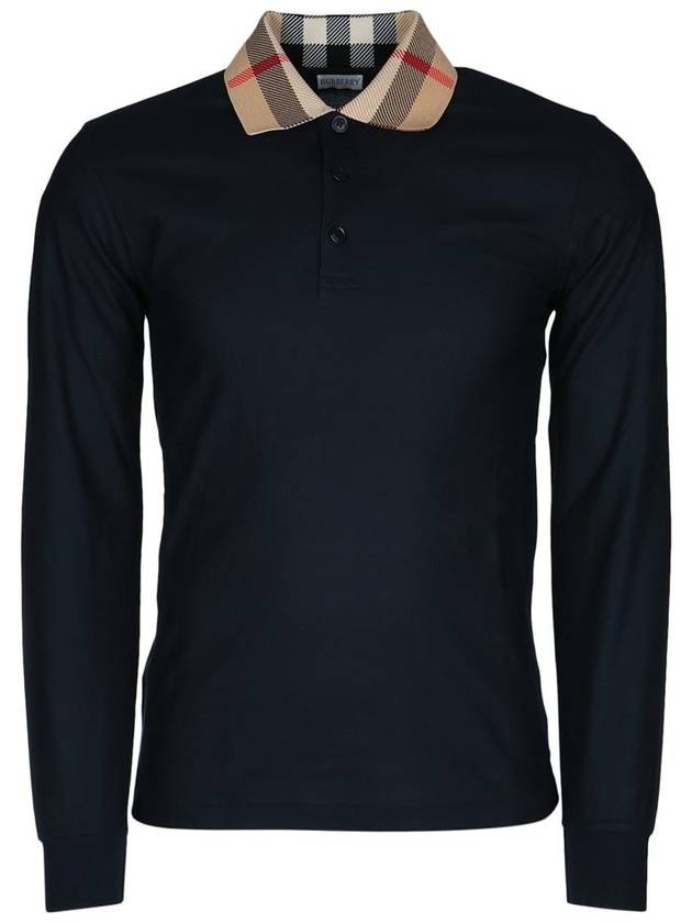 Burberry Check Collar Cotton Pique Long Sleeve Polo Shirt Smoke Navy