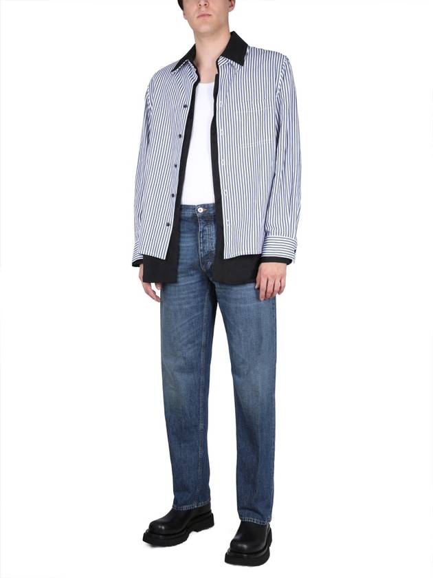 Bottega Veneta Cotton Linen Stripe Double Long Sleeve Shirt Blue
