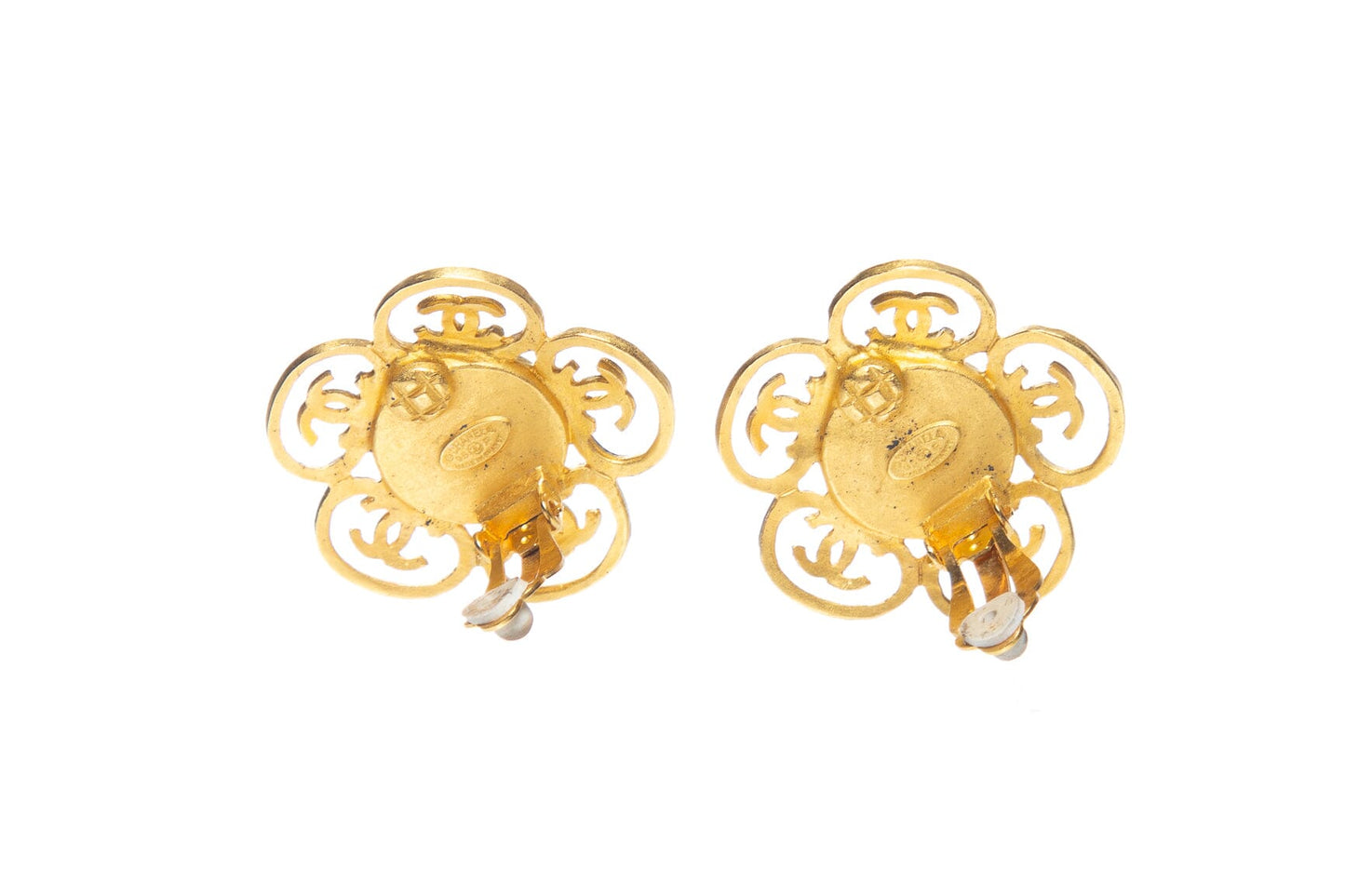 Chanel Vintage 1995 Spring Pearl Flower Gold Clip-On Earrings