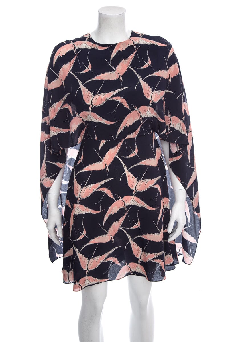 Valentino Navy Short Sleeve Silk Bird Printed Dress SZ 2