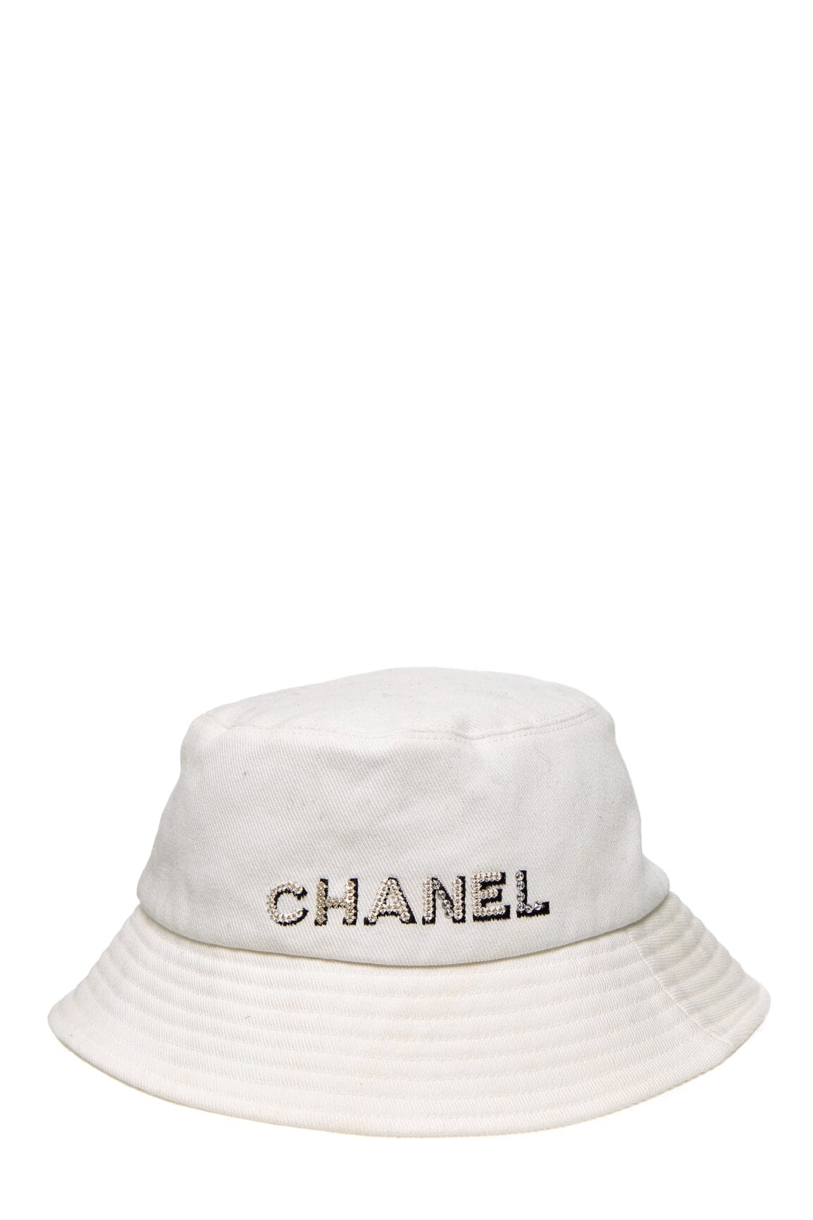 Chanel White Embroidered "Chanel" Bucket Hat SZ M