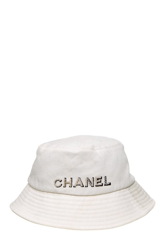 Chanel White Embroidered "Chanel" Bucket Hat SZ M