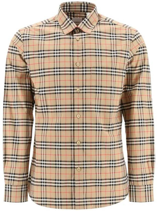 Burberry Small Scale Check Stretch Cotton Long Sleeve Shirt Beige